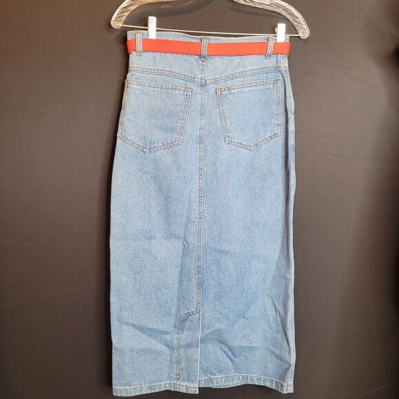 Vintage Denim Skirt Long Below Knee Red Belt Trend Basics Small Cotton - Picture 9 of 10